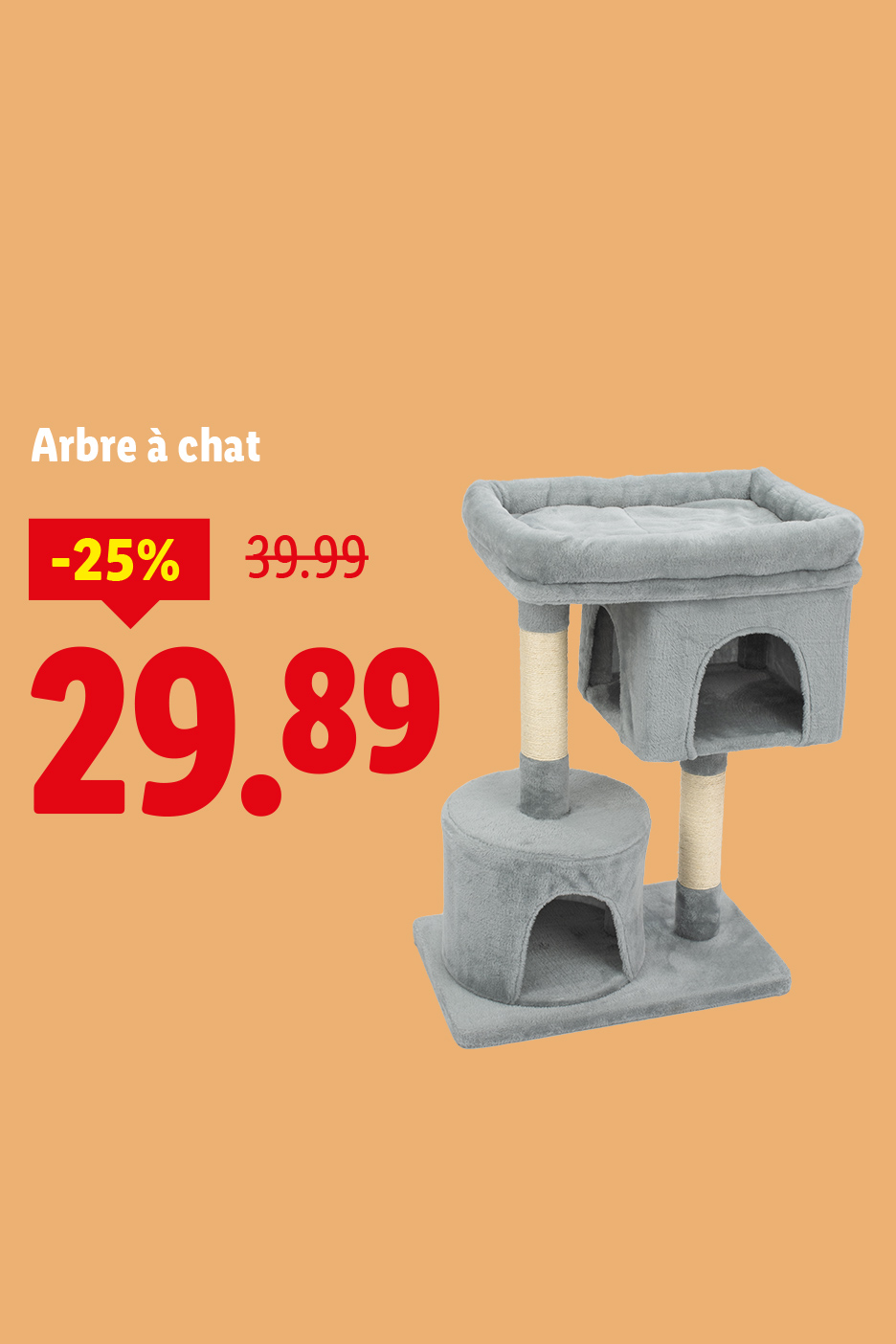 Arbre à chat gris avec une réduction de 25%, affiché à 29,89 € au lieu de 39,99 €.