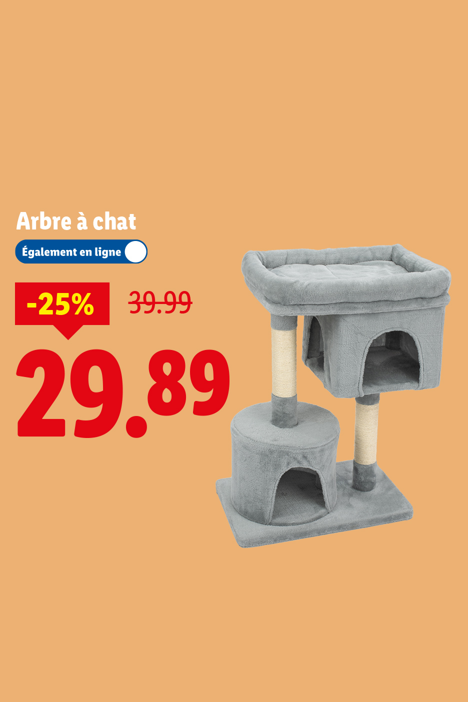 Arbre à chat gris avec deux niches et une plateforme supérieure, en promotion à 29,89€.
