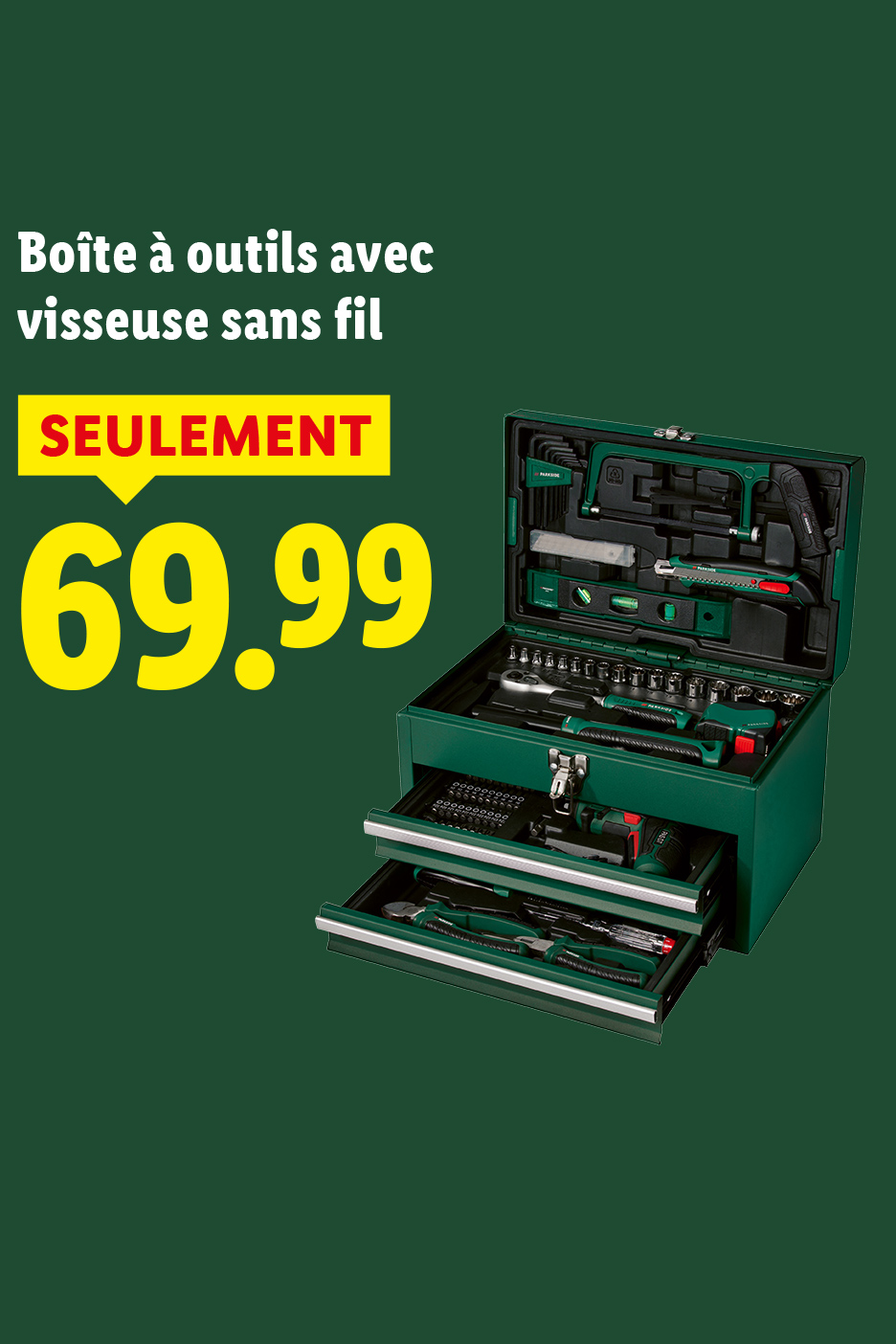 Boîte à outils verte avec visseuse sans fil et divers outils, prix 69,99€.