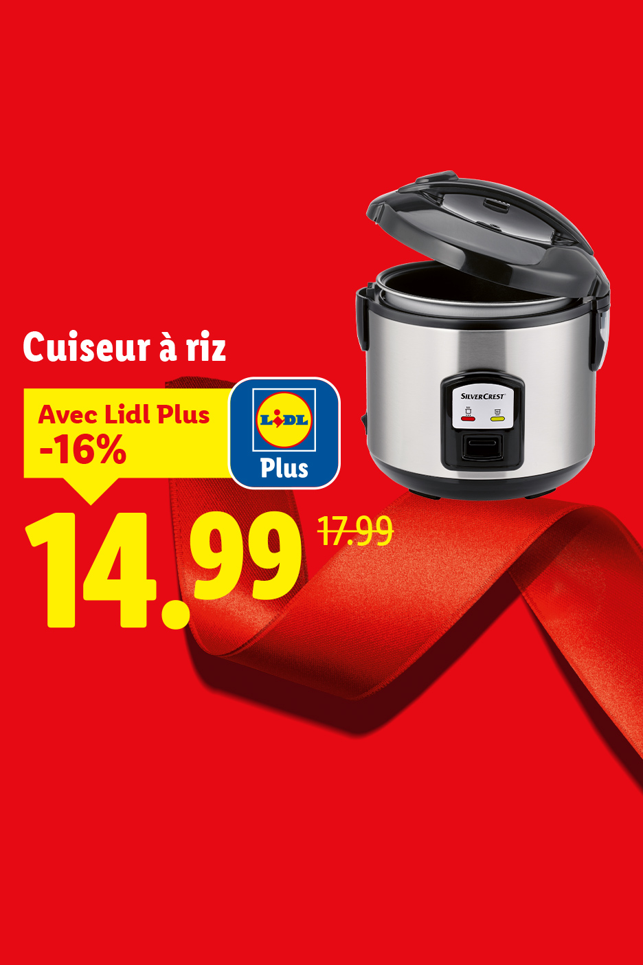 Cuiseur à riz Silvercrest en promotion avec Lidl Plus, affichant un prix réduit de 14,99€.