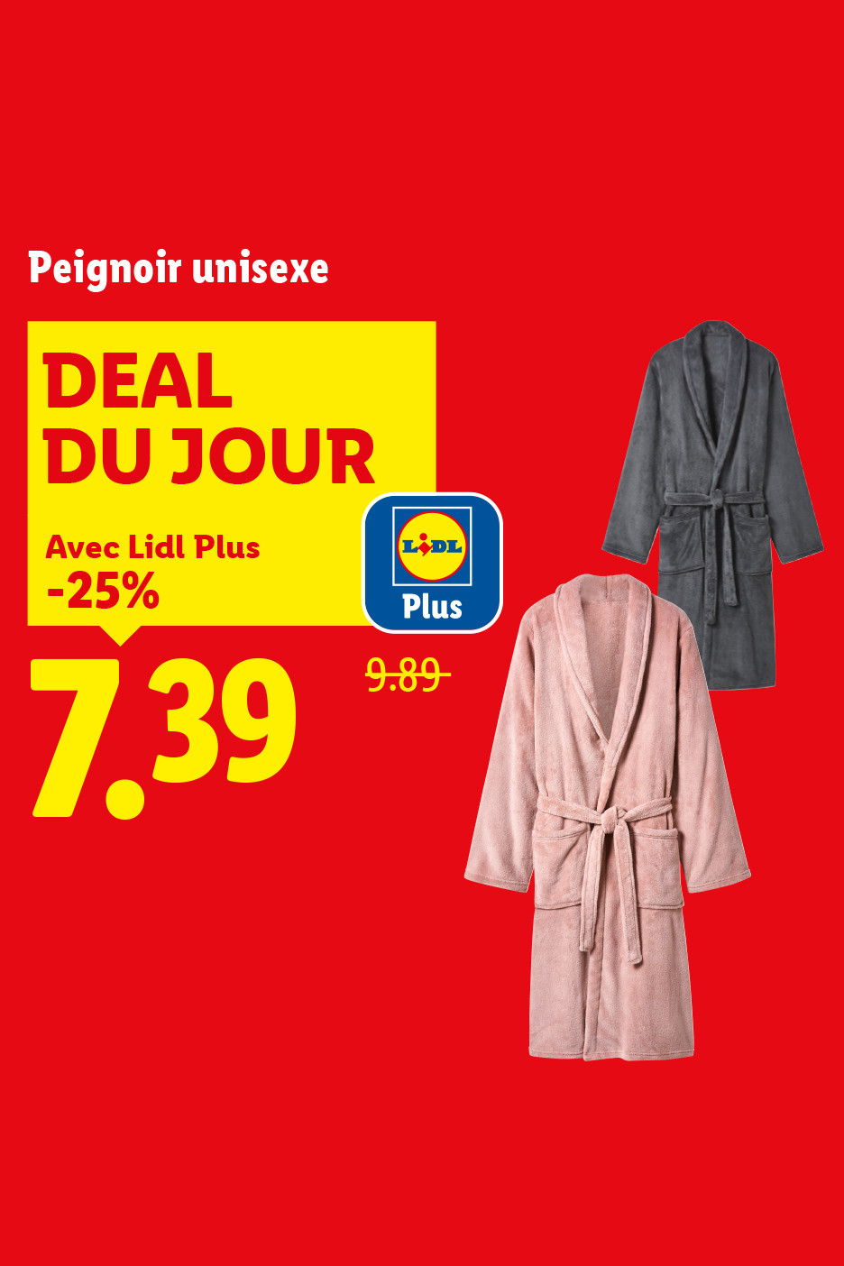 Peignoir unisexe Lidl Plus en promotion à 7,39€, prix barré 9,89€.