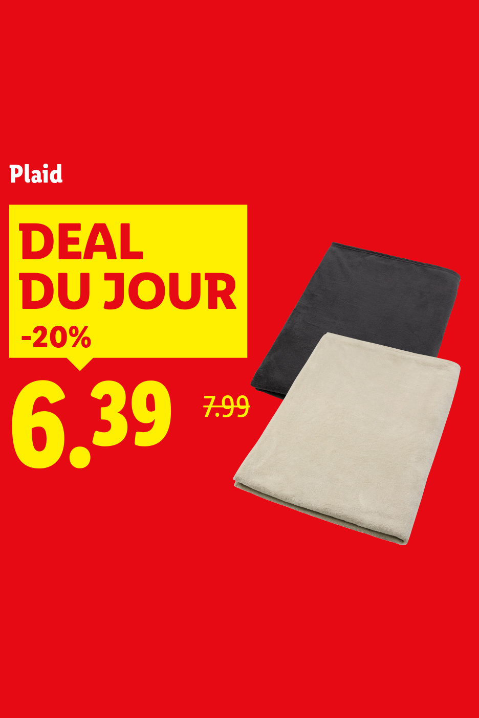 Offre du jour Plaid à 6,39 € (-20%) au lieu de 7,99 €, disponible en noir et beige.