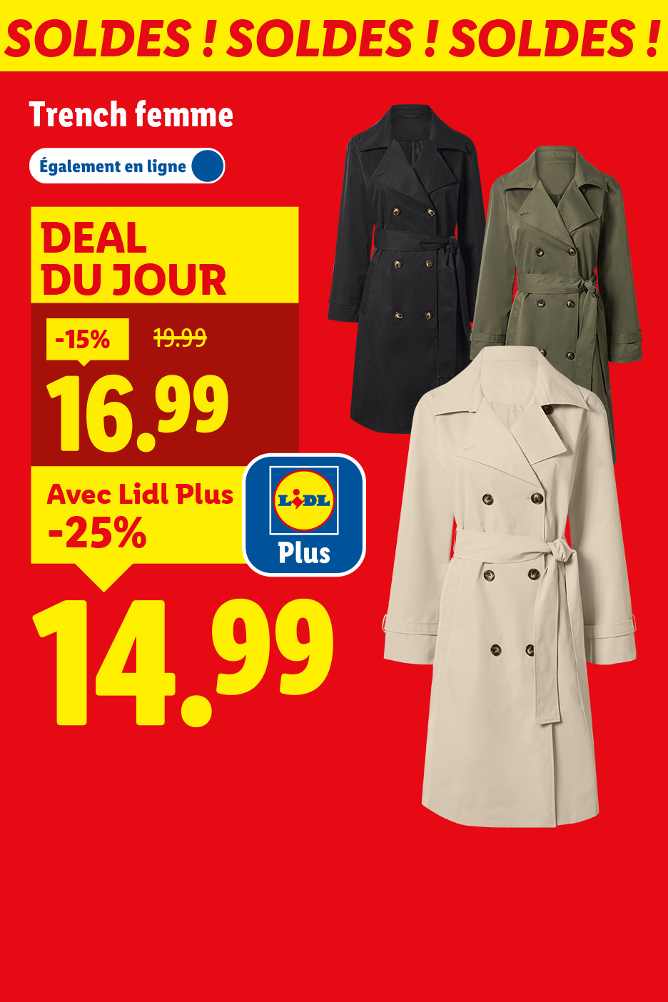 Publicité Lidl pour des trenchs femme en noir, kaki et beige, en promotion.