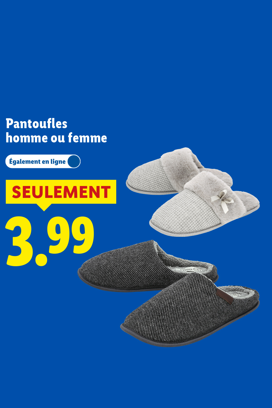 Pantoufles homme ou femme à 3,99 €, également disponibles en ligne.