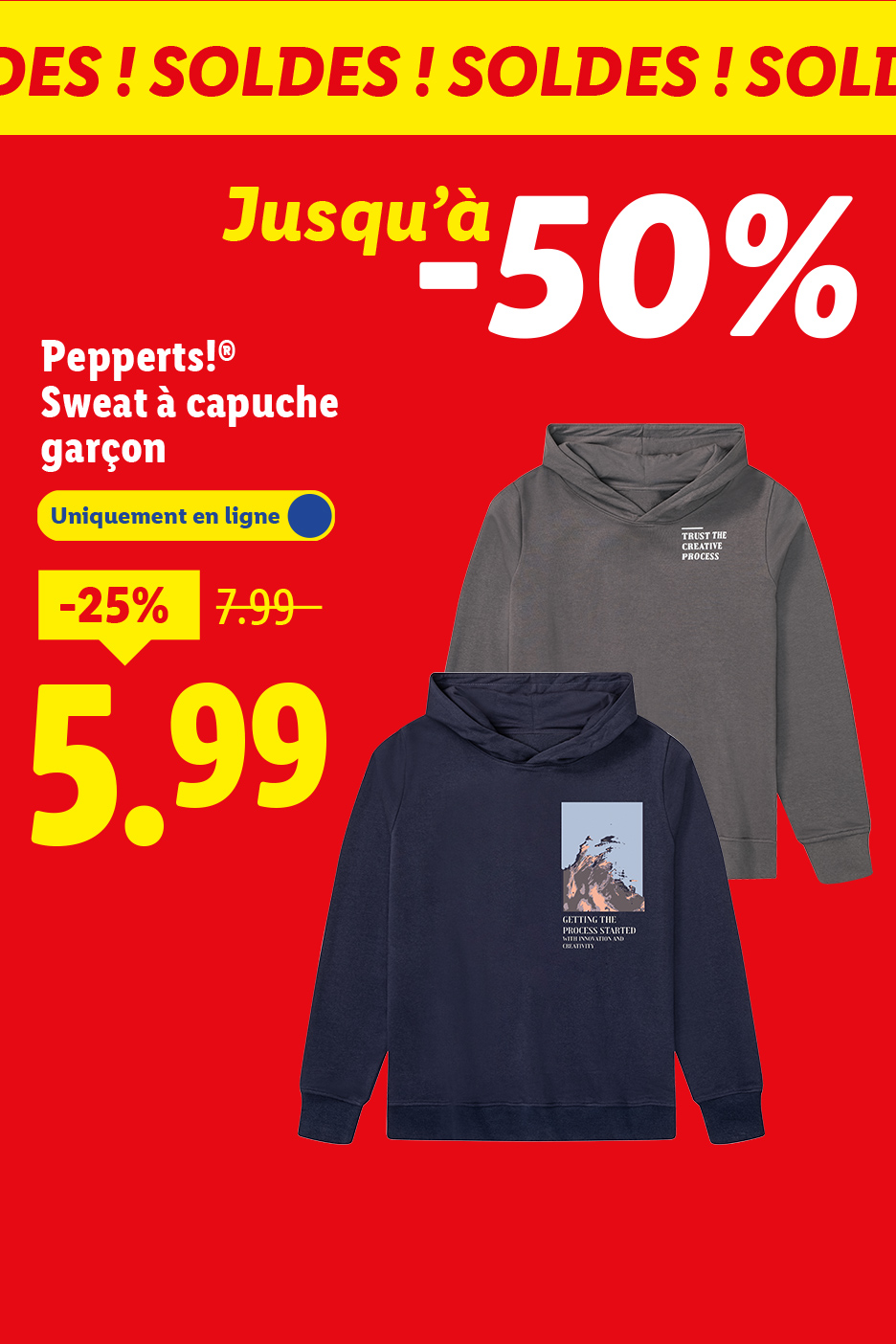 Publicité pour des sweats à capuche Pepperts!® pour garçons, disponibles en ligne à 5,99 €.