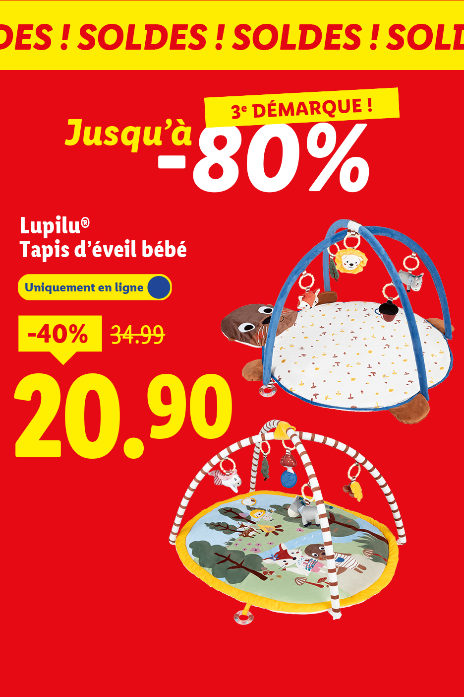 Publicité pour des tapis d'éveil pour bébé, avec des réductions allant jusqu'à -80%.