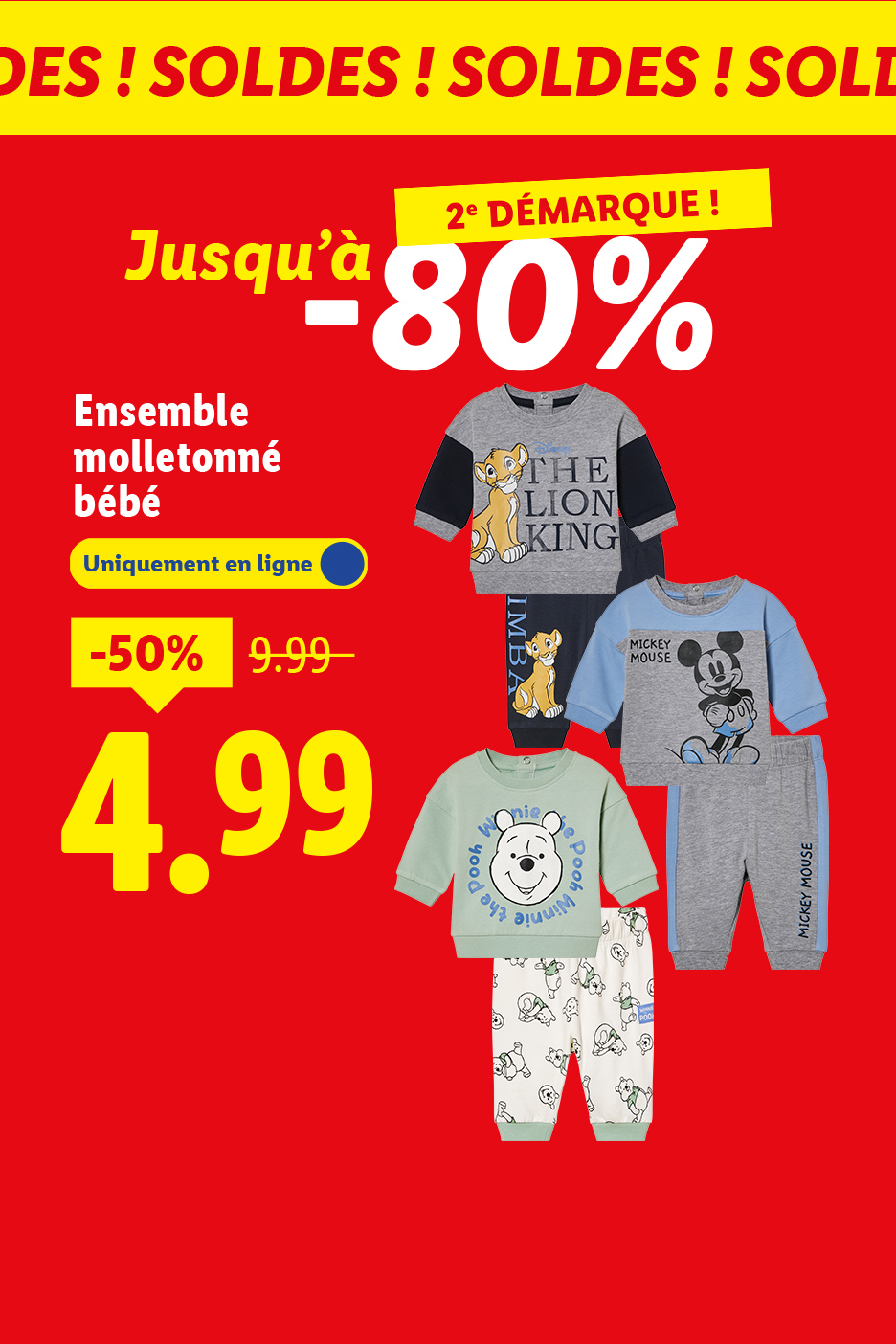 Ensembles molletonnés pour bébé Le Roi Lion, Mickey Mouse et Winnie l'Ourson, en solde à 4,99€.