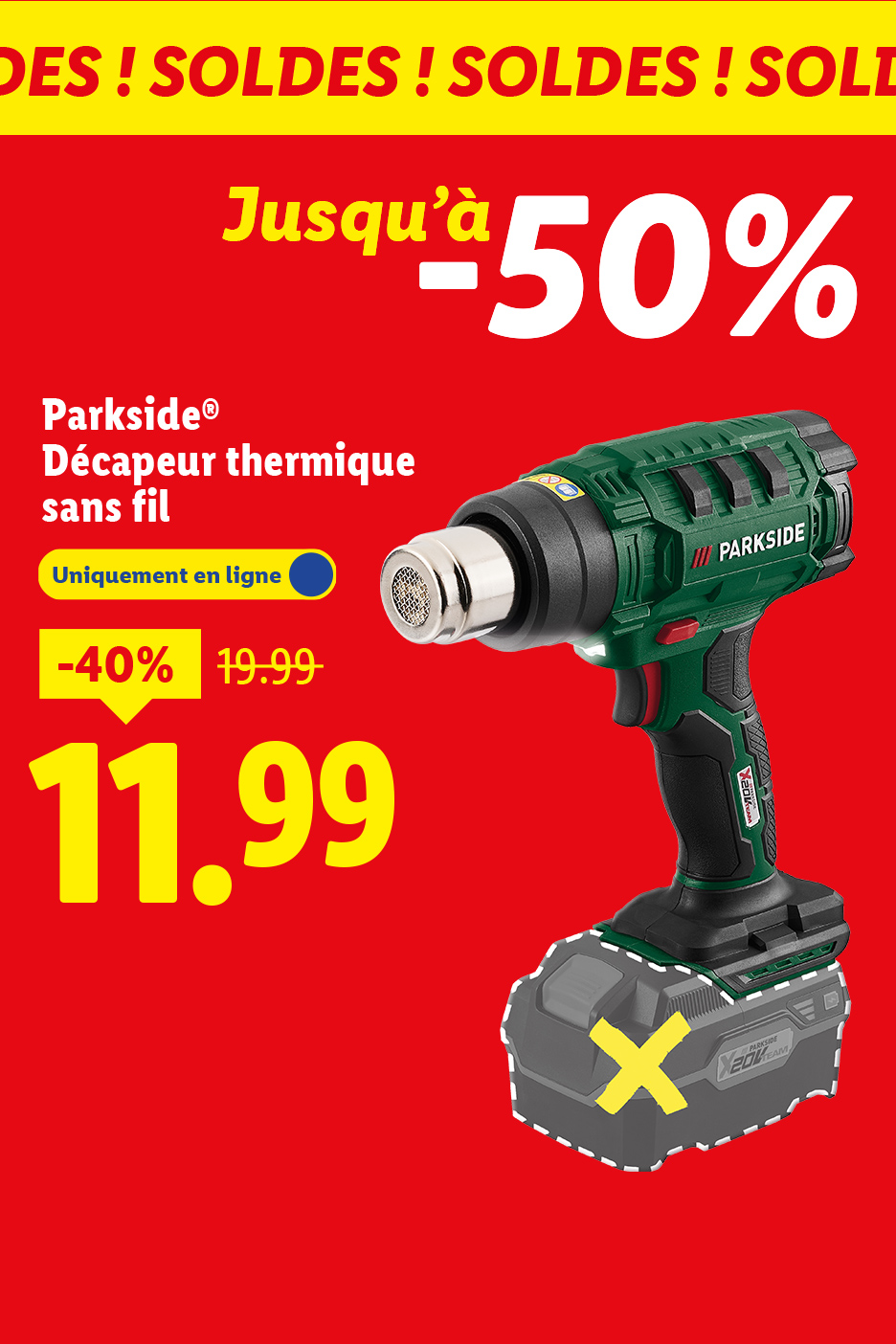 Publicité pour un décapeur thermique sans fil Parkside en promotion à 11,99 €.