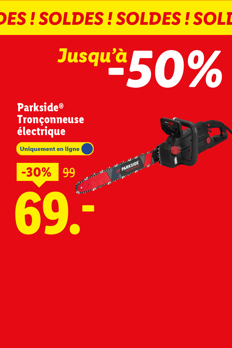 Tronçonneuse électrique Parkside en promotion à 69.-, disponible uniquement en ligne.