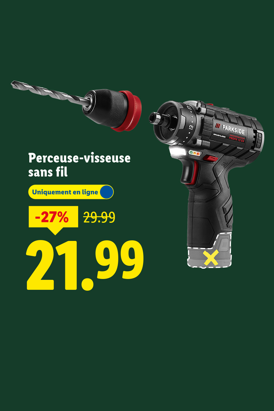 Perceuse-visseuse sans fil Parkside, 21,99 € au lieu de 29,99 €.