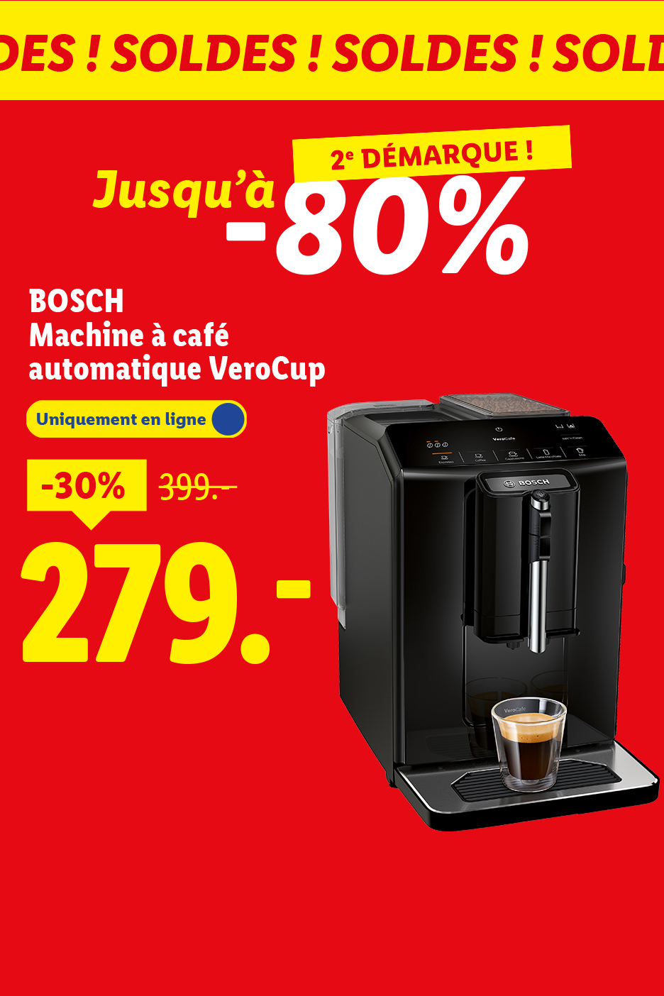 Publicité pour une machine à café automatique VeroCup en solde à 279€, avec jusqu'à -80% de réduction.