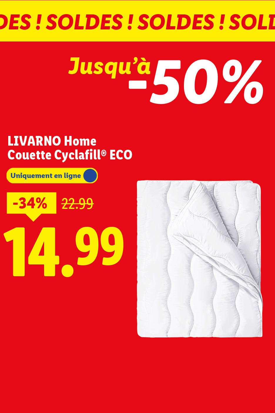 Publicité pour une couette LIVARNO Home Cyclafill® ECO en solde, avec une réduction de 34%.
