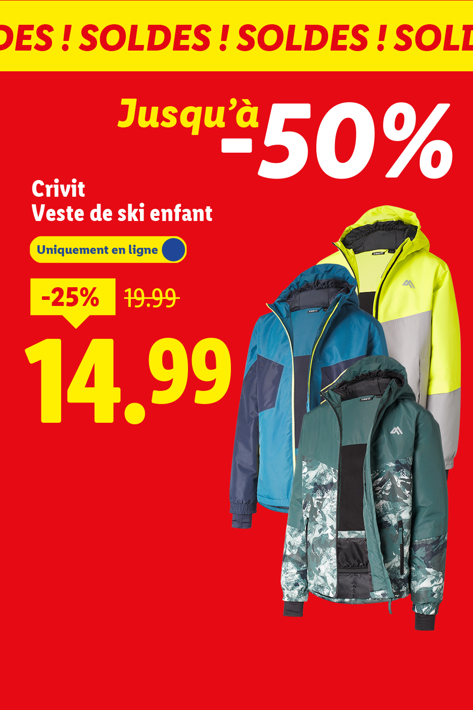 Veste de ski enfant Crivit en promotion, jusqu'à -50%, à partir de 14,99€.