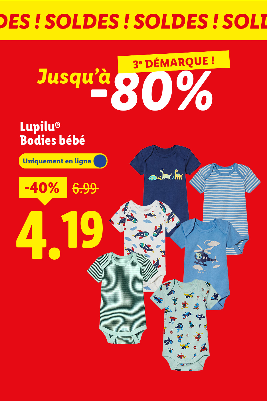 Soldes sur des bodies bébé à motifs variés, avec des réductions allant jusqu'à -80%.