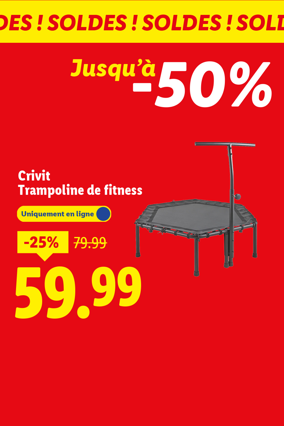 Soldes avec un trampoline de fitness Crivit à -25%, prix final 59.99.