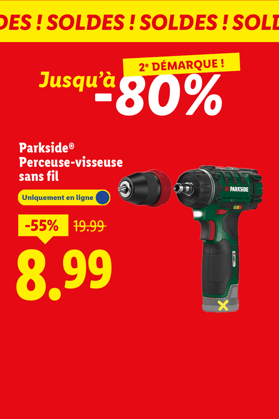 Publicité Lidl pour une perceuse-visseuse sans fil Parkside en promotion à 8,99€.