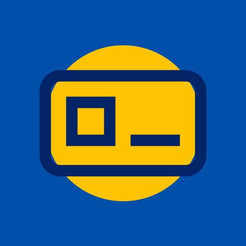 Icône de carte de fidélité ou de paiement sur fond bleu et jaune.