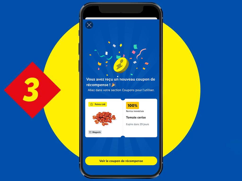 Écran de téléphone affichant un coupon pour 100% de réduction immédiate sur des tomates cerises, avec un fond bleu et jaune.