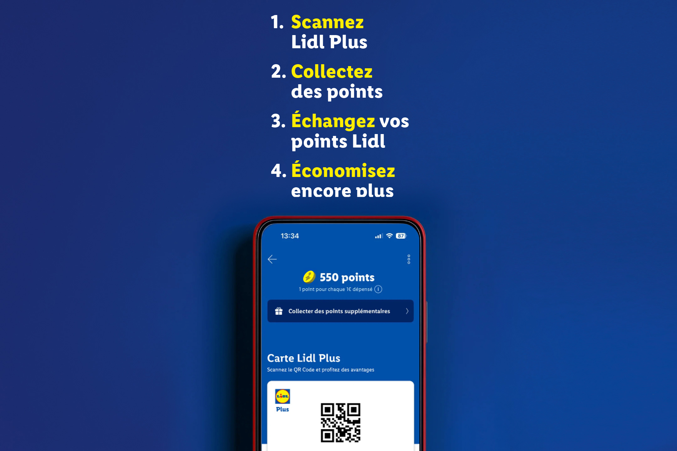 Quatre étapes pour utiliser l'application de fidélité : scanner, collecter des points, échanger des points et économiser.