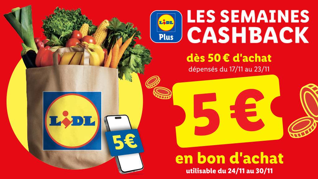 Sac de courses Lidl rempli de fruits et légumes, avec une offre de 5€ de cashback.