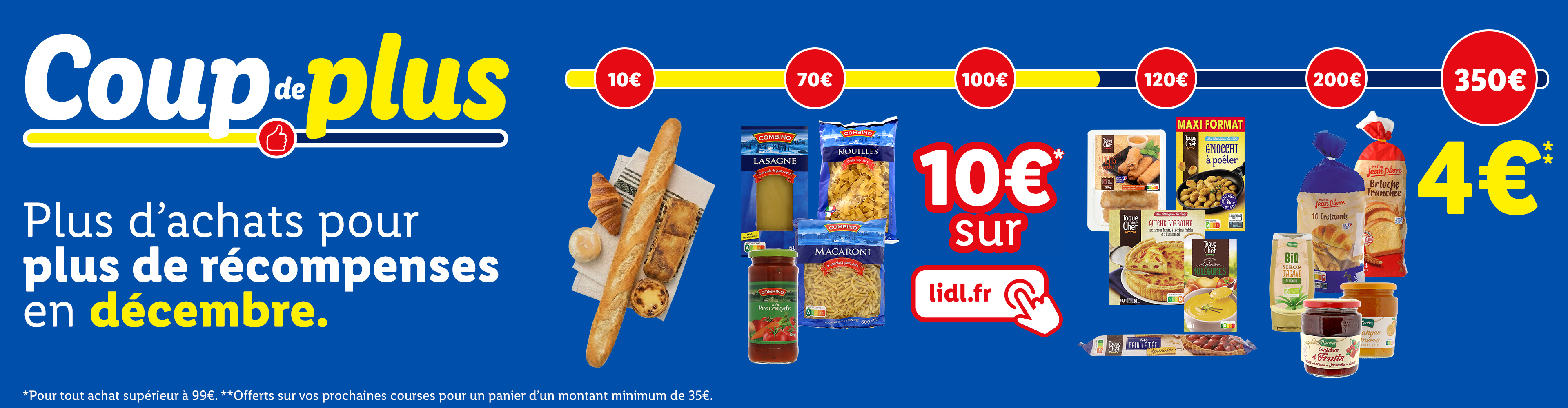Promotion Lidl 'Coup de Plus' en décembre : gagnez 10€ sur lidl.fr et 4€ sur vos courses avec des paliers d'achat.