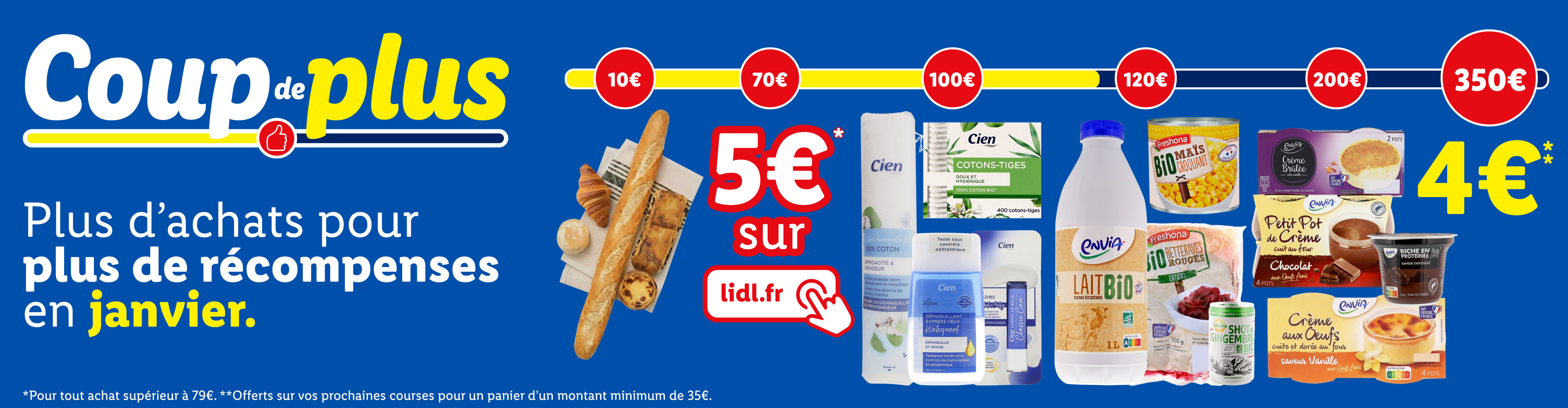Lidl : Plus d'achats, plus de récompenses en janvier, avec 5€ de réduction sur lidl.fr et 4€ offerts.