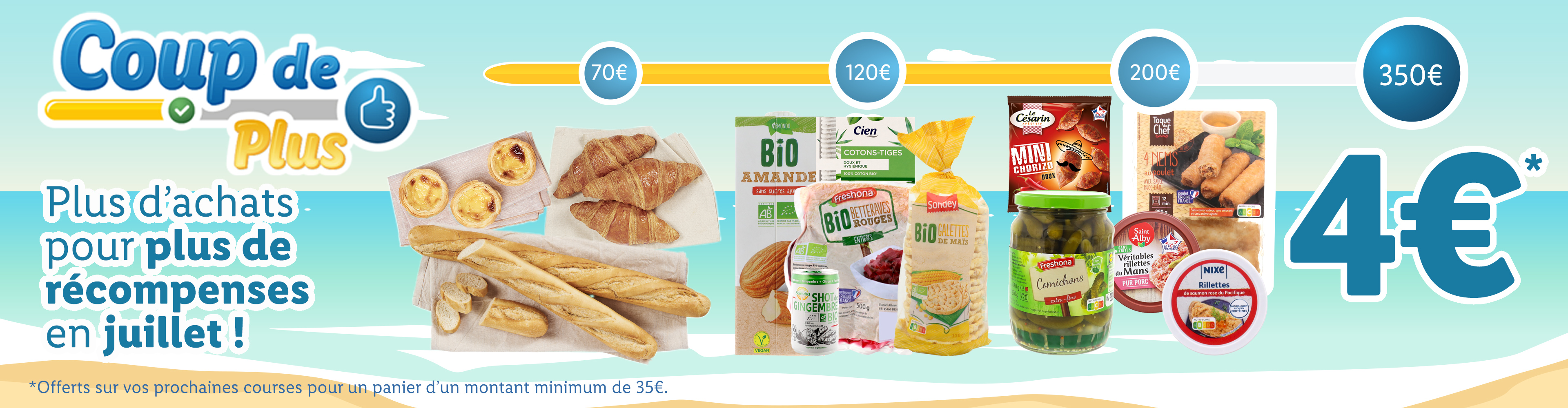 Promotion estivale : croissants, baguettes, amandes, et autres produits pour gagner 4€ en juillet.