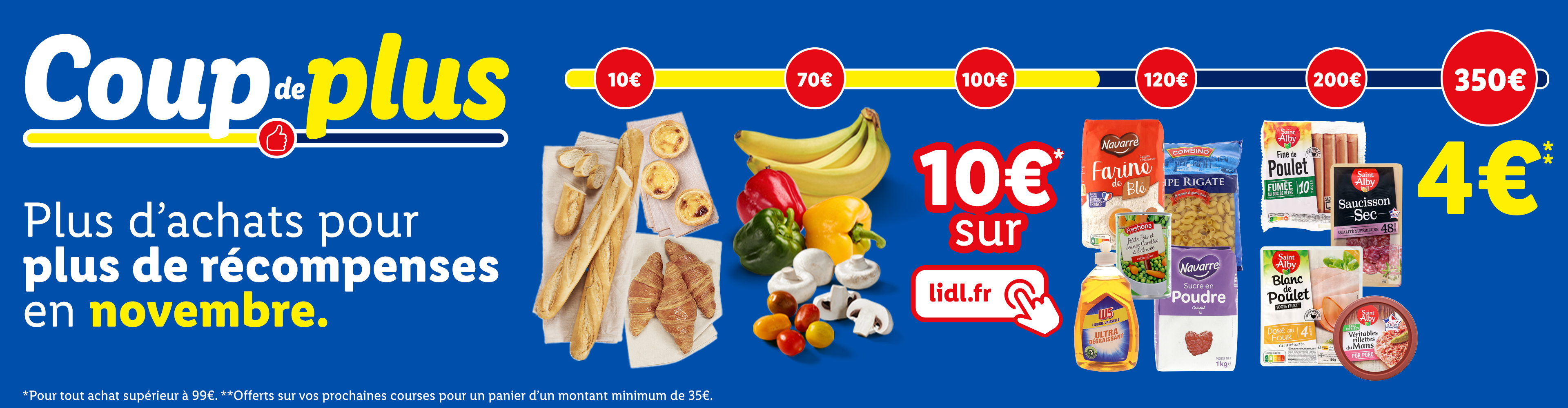 Promotion Lidl 'Coup de Plus' en novembre: plus d'achats, plus de récompenses, avec des offres sur la boulangerie, les fruits et légumes, et les produits d'épicerie.