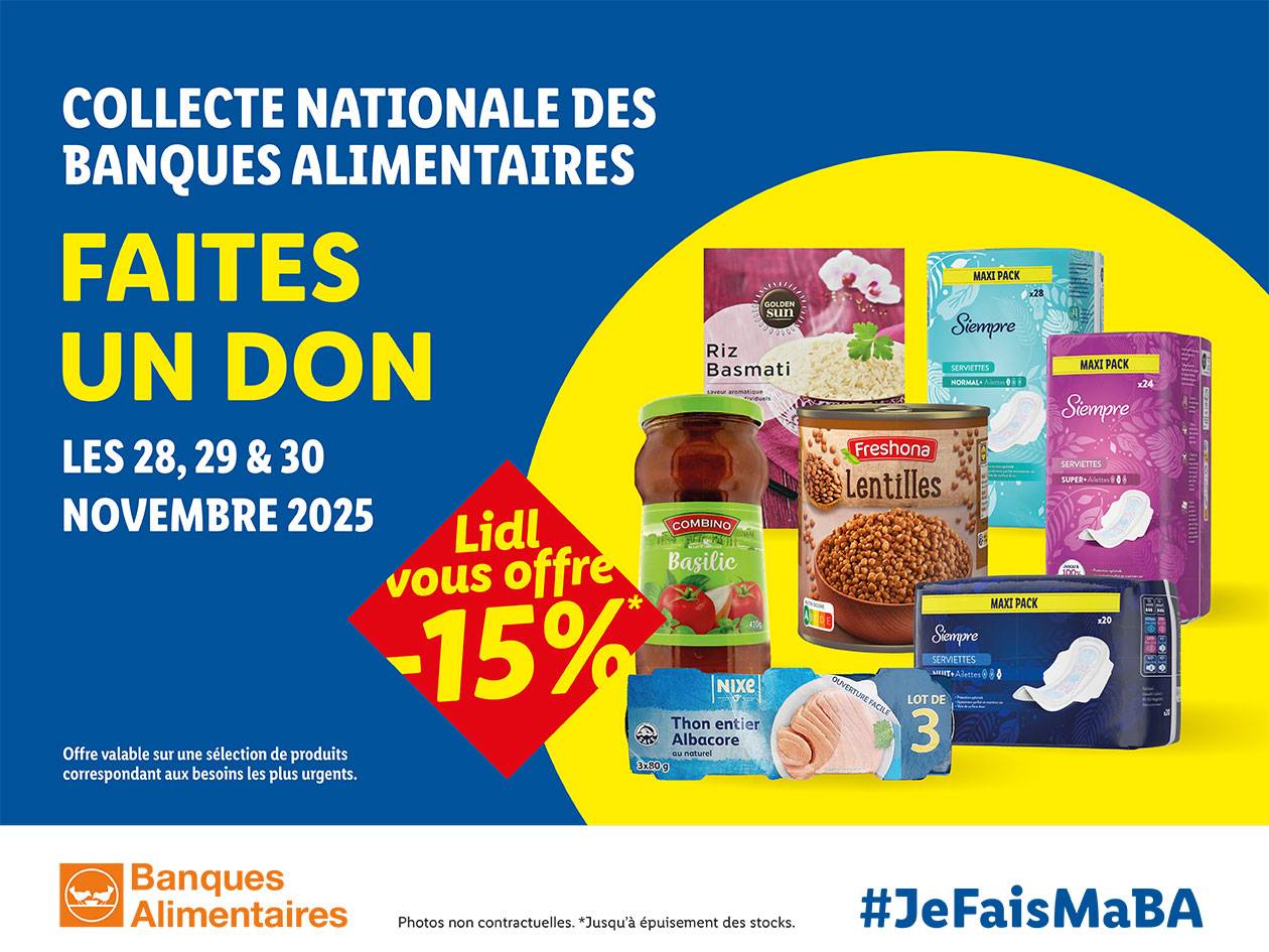 Affiche Lidl pour la collecte nationale des Banques Alimentaires, offrant -15% sur riz, lentilles, thon et serviettes hygiéniques.