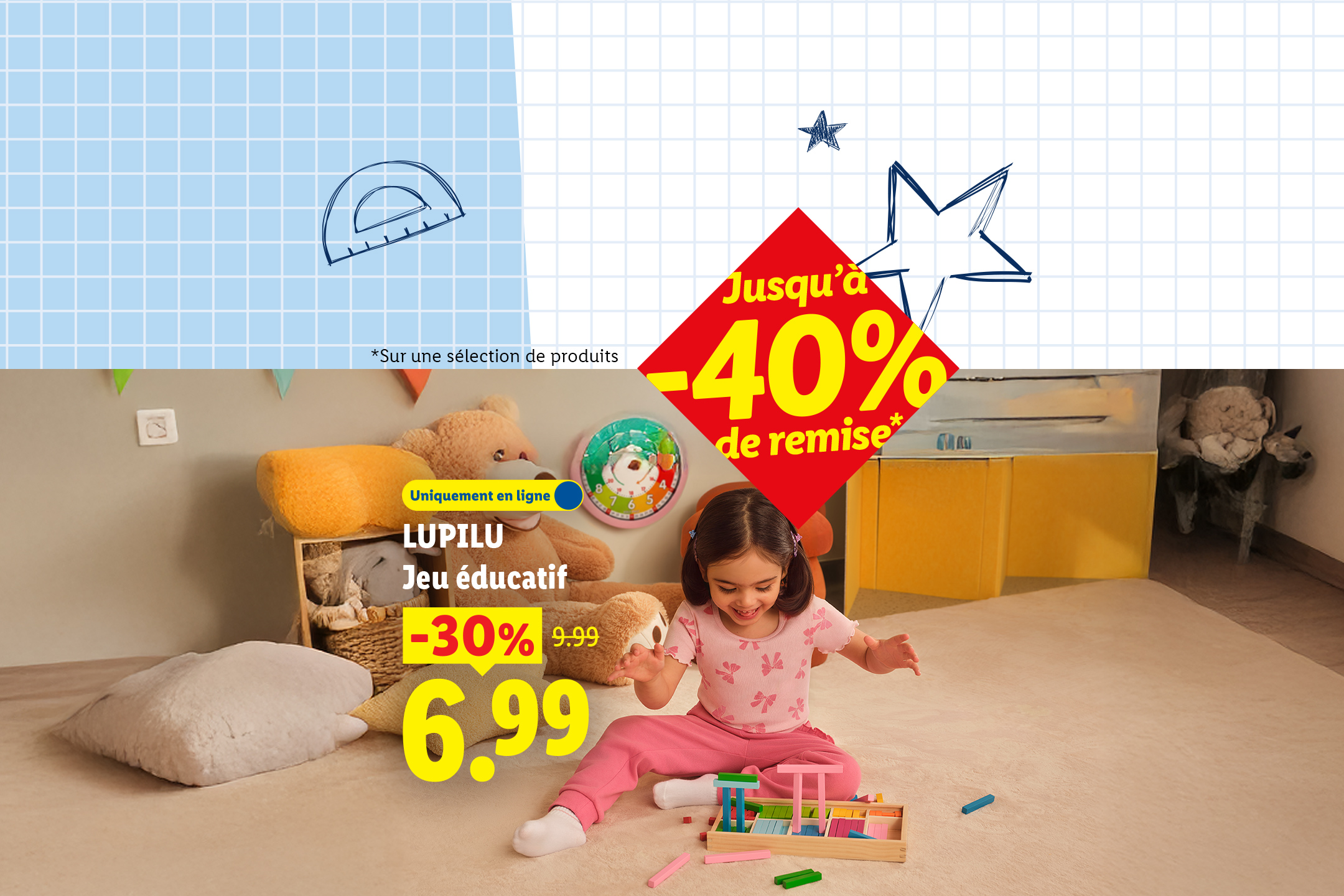 Une petite fille joue avec un jeu éducatif en bois, avec des réductions allant jusqu'à -40%.