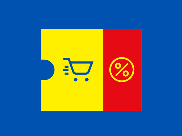 Un chariot de courses et un signe de pourcentage sur une icône de coupon, symbolisant offres et réductions.