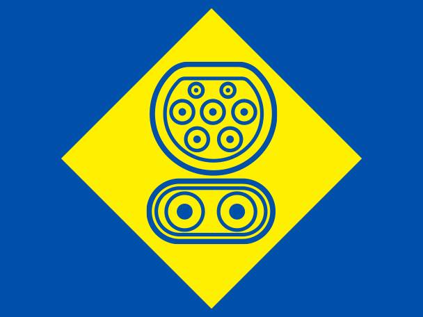 Symbole de prise de recharge pour véhicule électrique sur fond jaune et bleu.