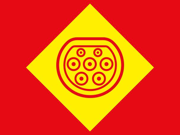 Symbole de prise de recharge pour véhicule électrique sur fond jaune et rouge.