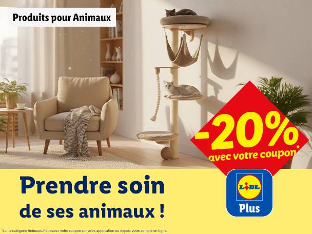 Produits pour animaux, avec des chats sur un arbre à chat et une offre de -20%.