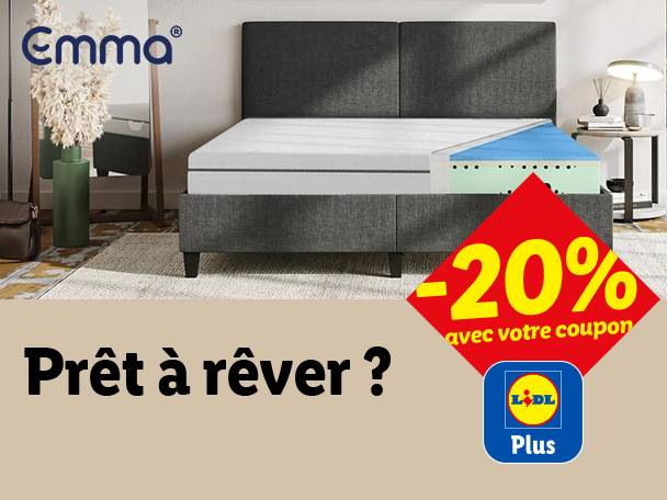Lit avec matelas en coupe, réduction de 20% et texte 'Prêt à rêver ?'