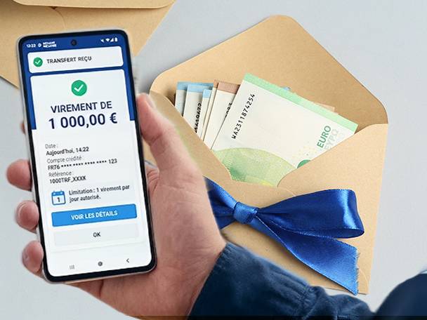 Un téléphone affichant un virement de 1 000 € et une enveloppe avec des billets en euros.