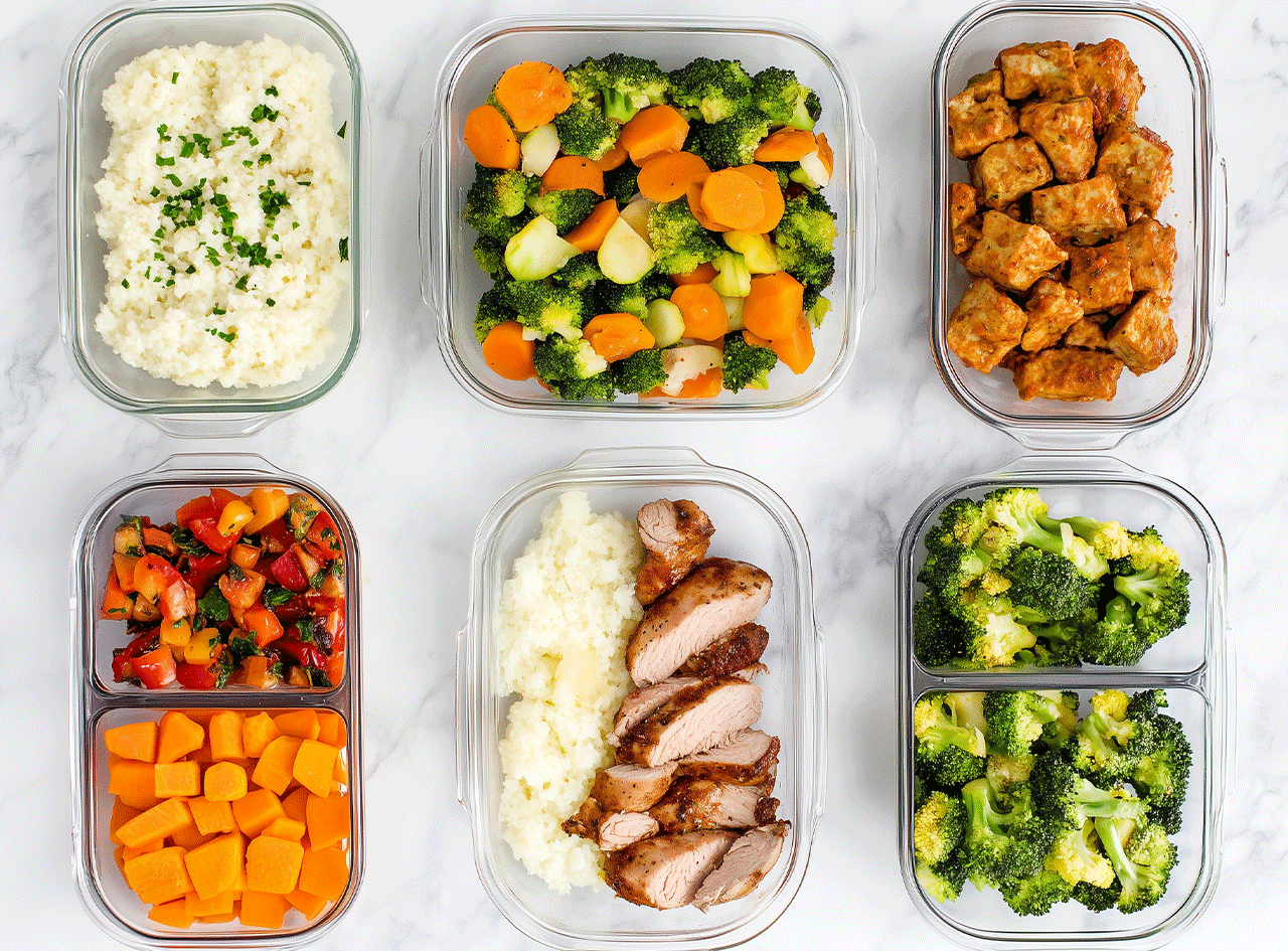 Six récipients en verre remplis de repas préparés, comprenant des légumes, de la viande et du riz.