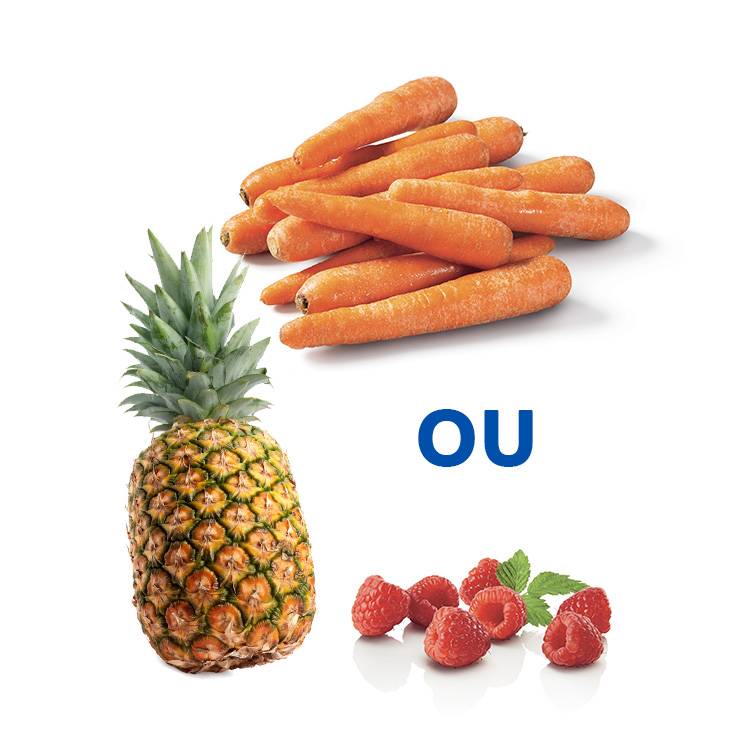 Carottes, ananas et framboises : choix de fruits et légumes frais.