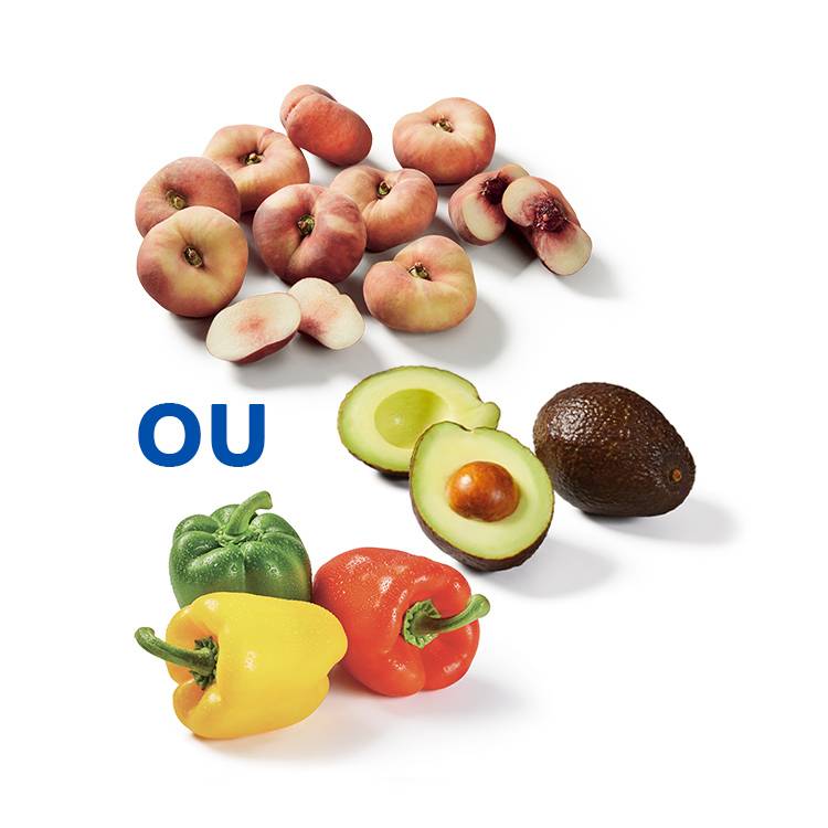 Pêches plates, avocats et poivrons colorés : choix de fruits et légumes frais.