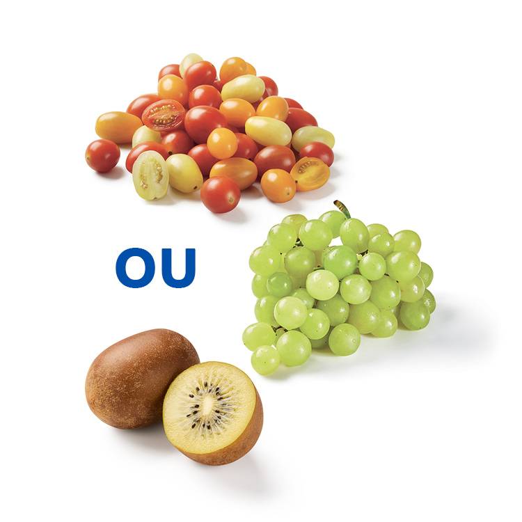 Tomates cerises, raisins verts et kiwis.