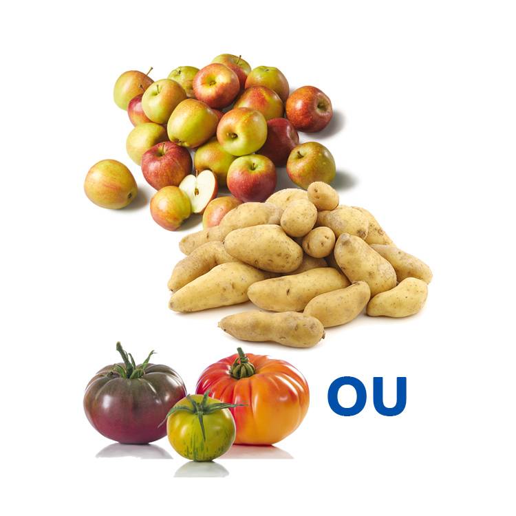 Pommes, pommes de terre et tomates : choix de produits frais.