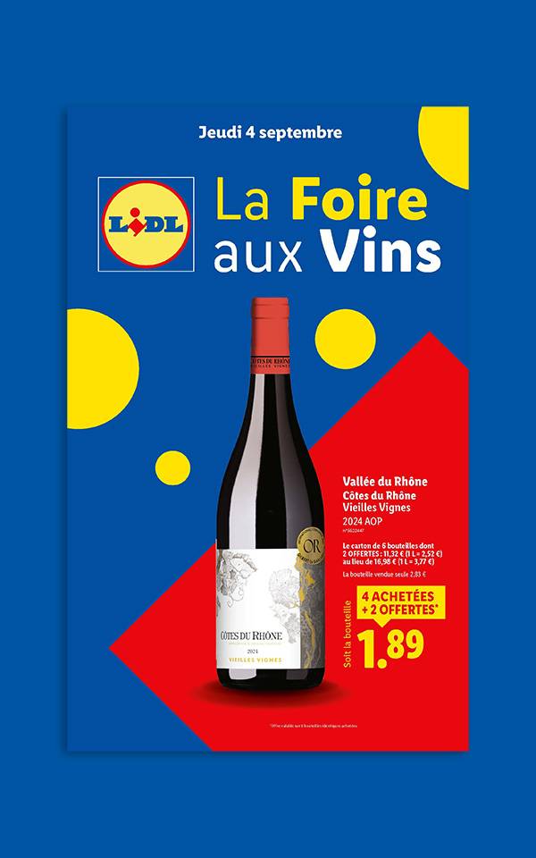 Affiche publicitaire pour la foire aux vins de Lidl, présentant une bouteille de vin rouge.