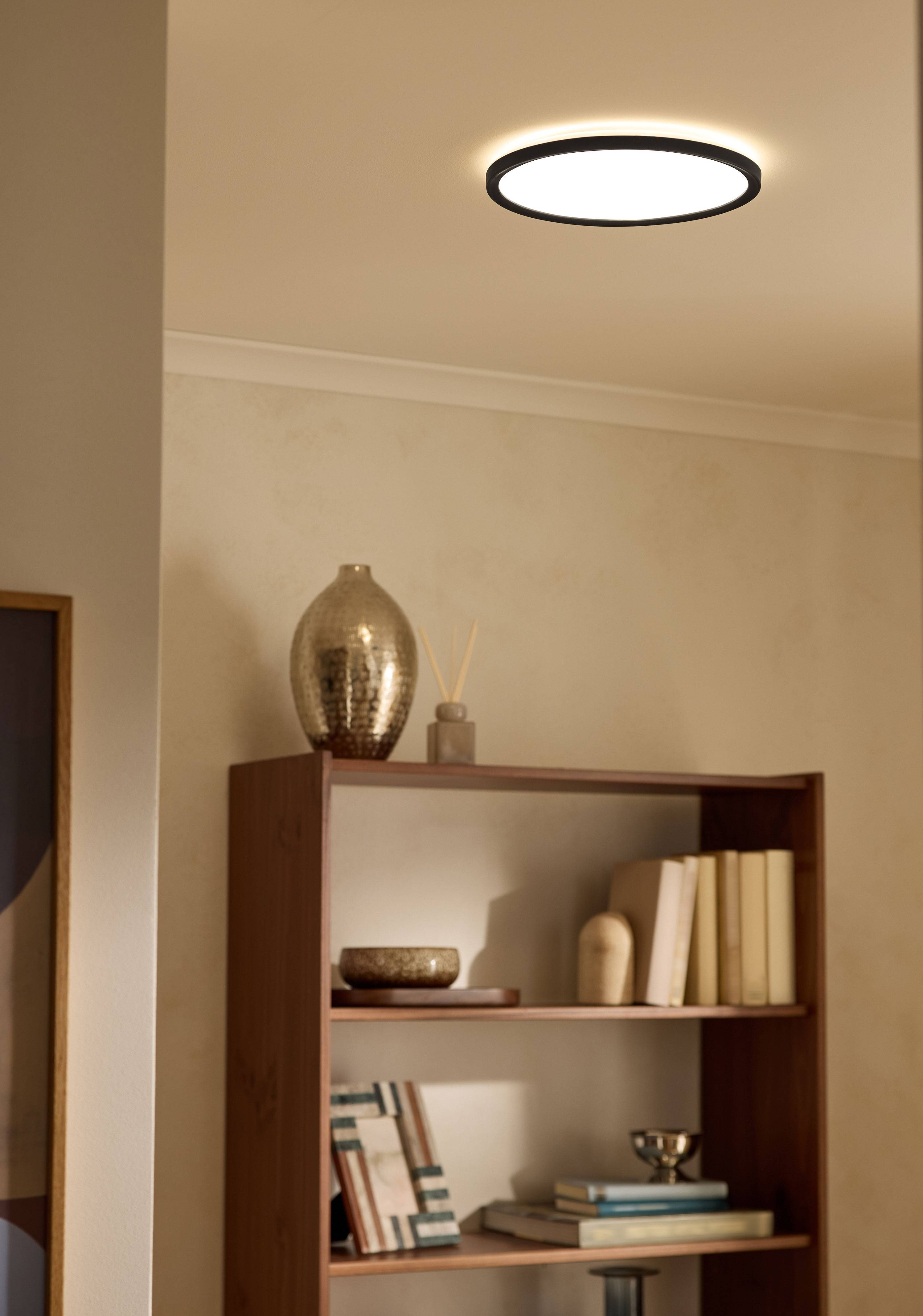 Plafonnier éclairant une étagère de salon avec des livres et des objets décoratifs.