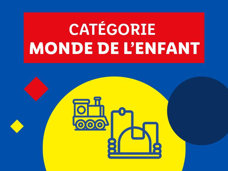 Catégorie Monde de l'enfant avec un train et un château d'eau stylisés.
