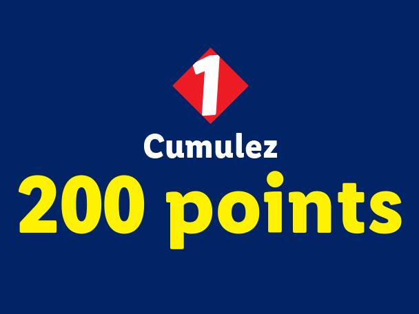 Un fond bleu avec un losange rouge contenant le chiffre 1, et le texte 'Cumulez 200 points' en jaune.