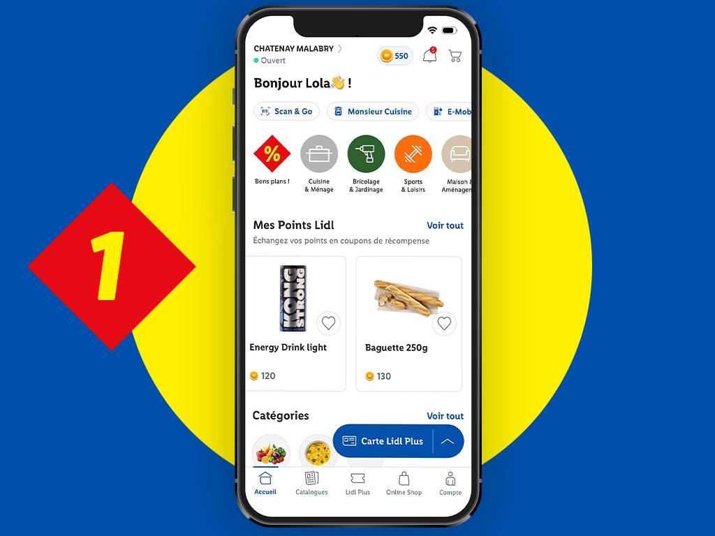 Application mobile affichant des boissons énergisantes et des baguettes, avec des catégories comme les bons plans et la cuisine.
