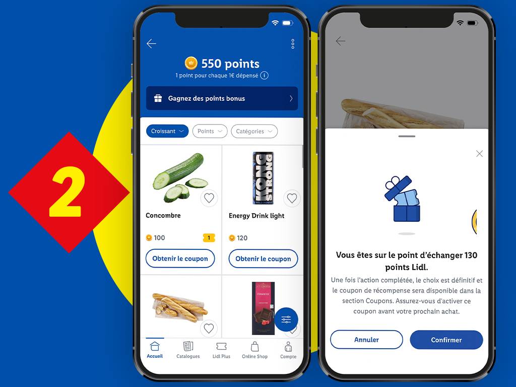 Application mobile affichant des points de fidélité, des coupons pour des concombres et des boissons énergisantes, et une fenêtre contextuelle de confirmation d'échange de points.