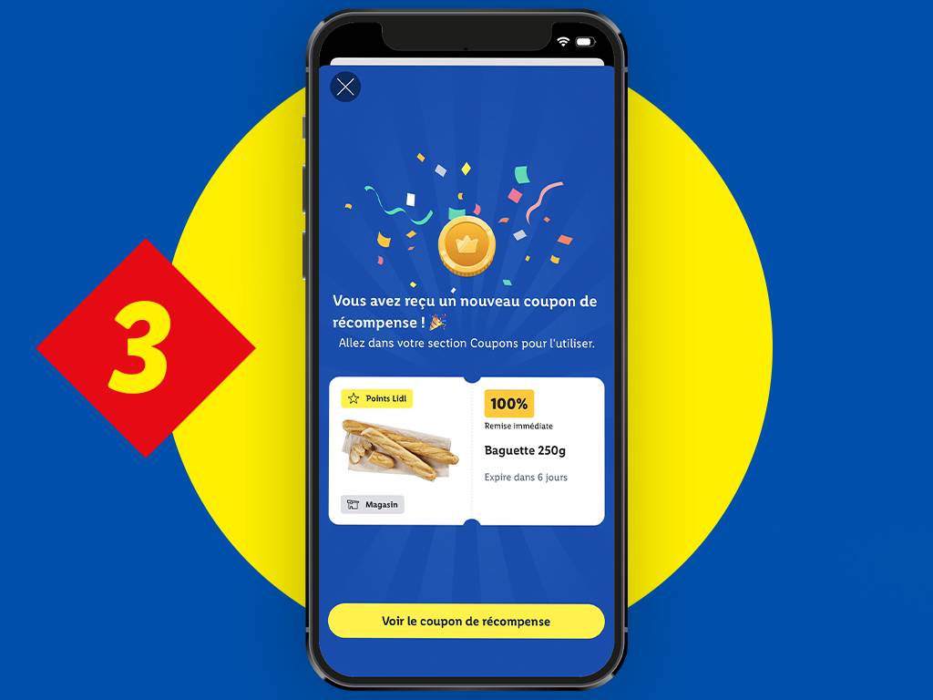 Écran de téléphone affichant un coupon de récompense pour une baguette de 250g, valable 6 jours.