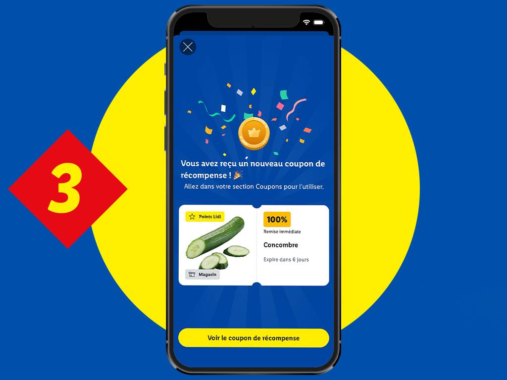 Un smartphone affiche un coupon de récompense pour un concombre, avec un fond bleu et jaune et le chiffre 3.