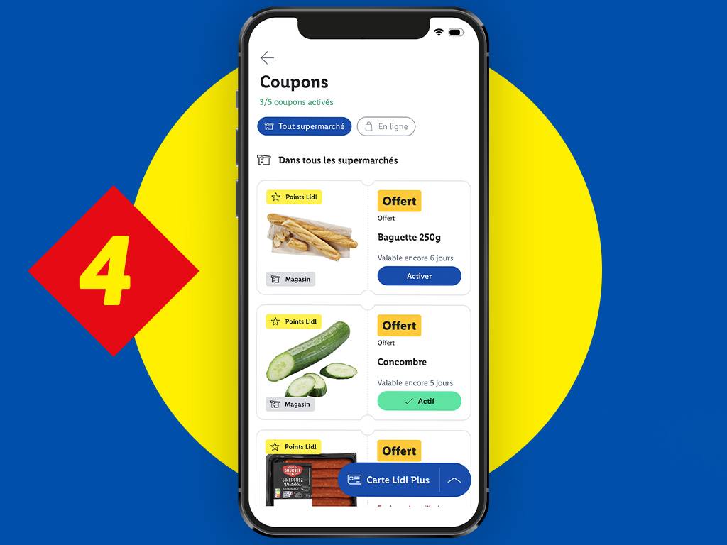 Application mobile affichant des coupons pour une baguette, un concombre et des saucisses.